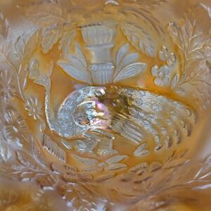 Carnival Glass Peacock at the Urn Marigold Iridescent Ruffled Compote